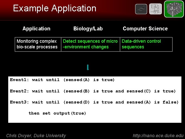 Example Application Monitoring complex bio-scale processes Biology/Lab Computer Science Detect sequences of micro Data-driven