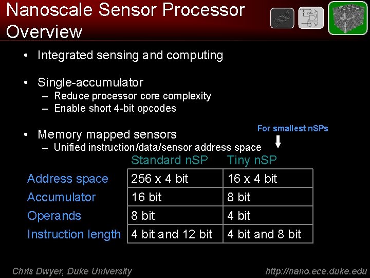 Nanoscale Sensor Processor Overview • Integrated sensing and computing • Single-accumulator – Reduce processor