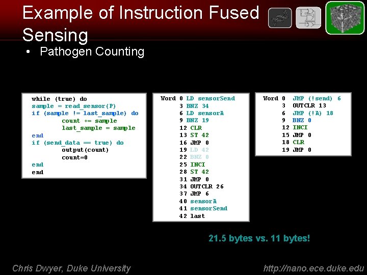 Example of Instruction Fused Sensing • Pathogen Counting 8 -bit counter pseudo-code while (true)