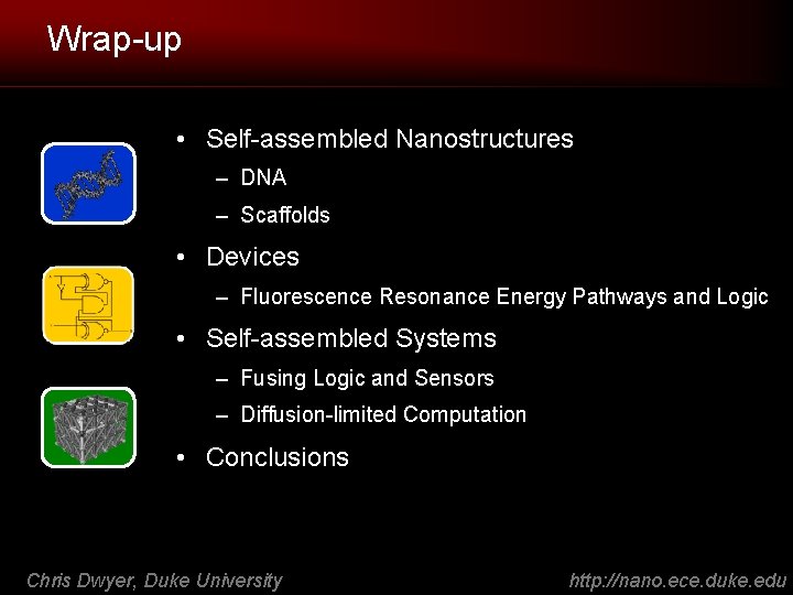 Wrap-up • Self-assembled Nanostructures – DNA – Scaffolds • Devices – Fluorescence Resonance Energy