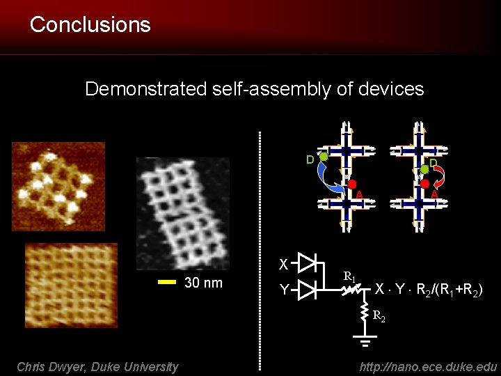 Conclusions Demonstrated self-assembly of devices D D A A X 30 nm Y R