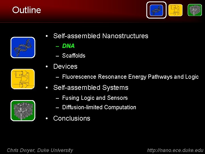 Outline • Self-assembled Nanostructures – DNA – Scaffolds • Devices – Fluorescence Resonance Energy
