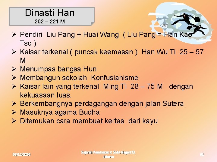 Dinasti Han 202 – 221 M Ø Pendiri Liu Pang + Huai Wang (