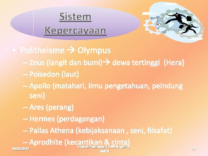 Sistem Kepercayaan • Politheisme Olympus – Zeus (langit dan bumi) dewa tertinggi {Hera} –