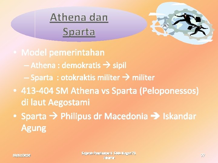 Athena dan Sparta • Model pemerintahan – Athena : demokratis sipil – Sparta : Athena dan Sparta • Model pemerintahan – Athena : demokratis sipil – Sparta :