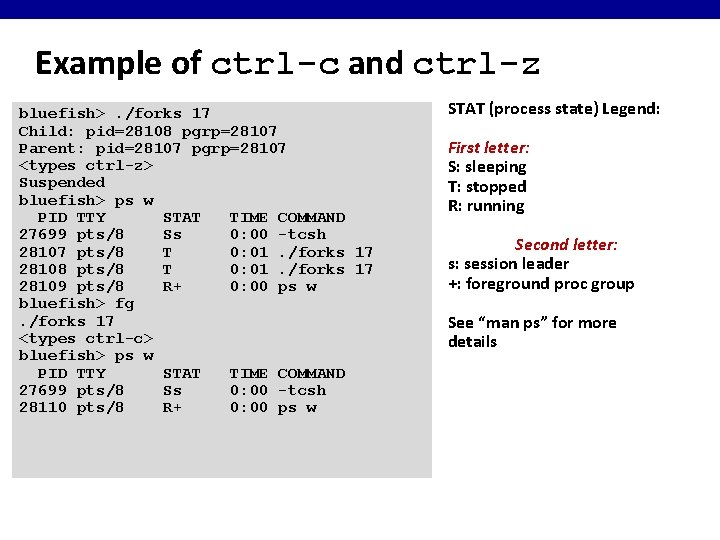 Example of ctrl-c and ctrl-z bluefish>. /forks 17 Child: pid=28108 pgrp=28107 Parent: pid=28107 pgrp=28107