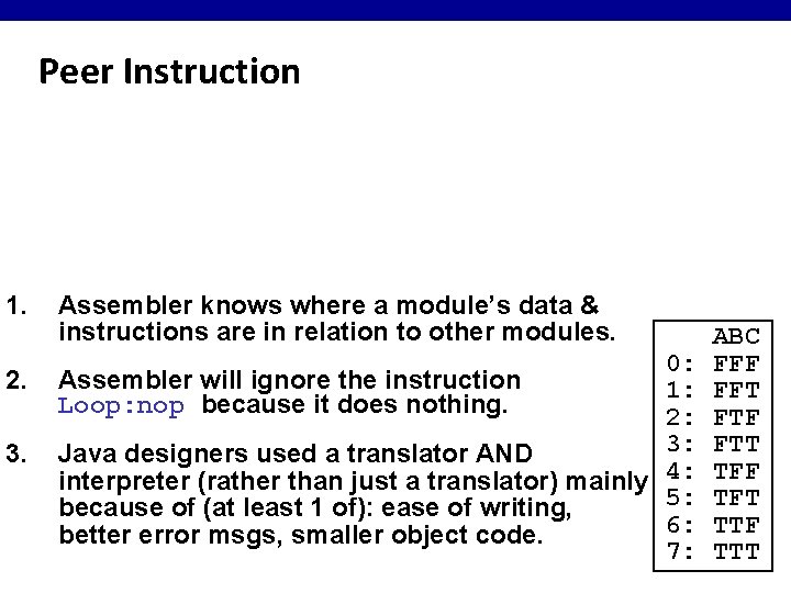 Peer Instruction 1. 2. 3. Assembler knows where a module’s data & instructions are