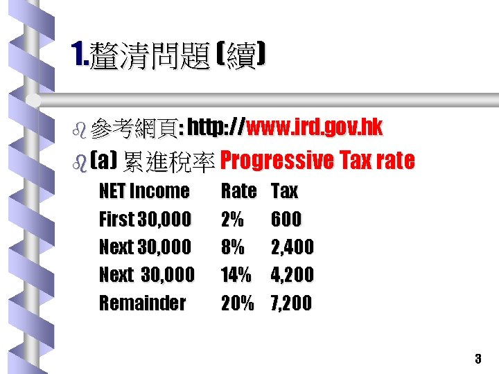 1. 釐清問題 (續) b 參考網頁: http: //www. ird. gov. hk b (a) 累進稅率 Progressive