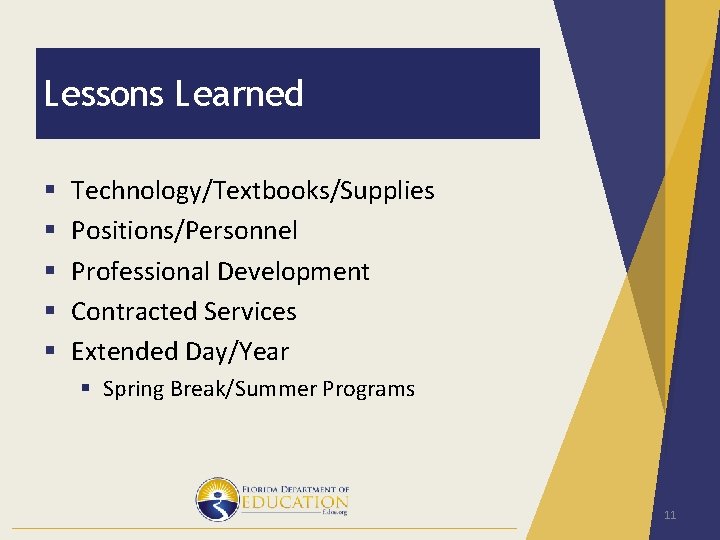 Lessons Learned § § § Technology/Textbooks/Supplies Positions/Personnel Professional Development Contracted Services Extended Day/Year §