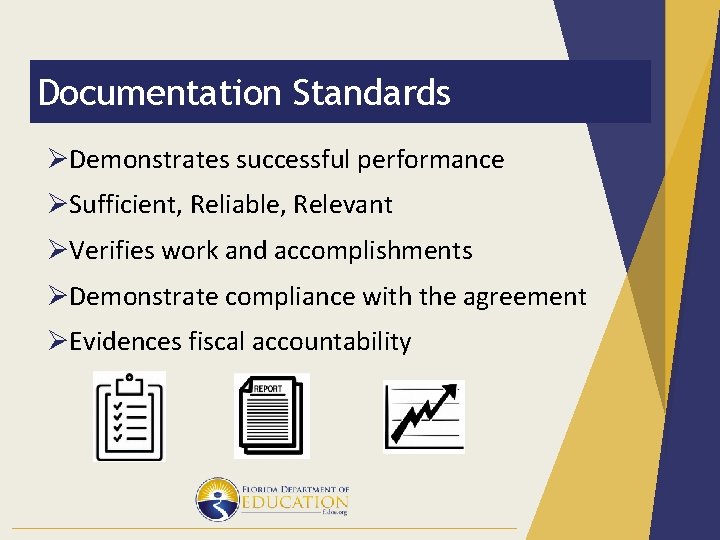 Documentation Standards ØDemonstrates successful performance ØSufficient, Reliable, Relevant ØVerifies work and accomplishments ØDemonstrate compliance