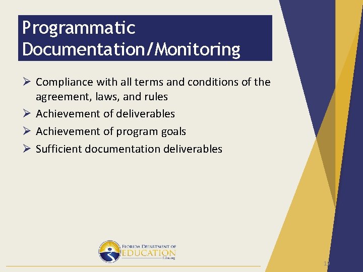 Programmatic Documentation/Monitoring Ø Compliance with all terms and conditions of the agreement, laws, and