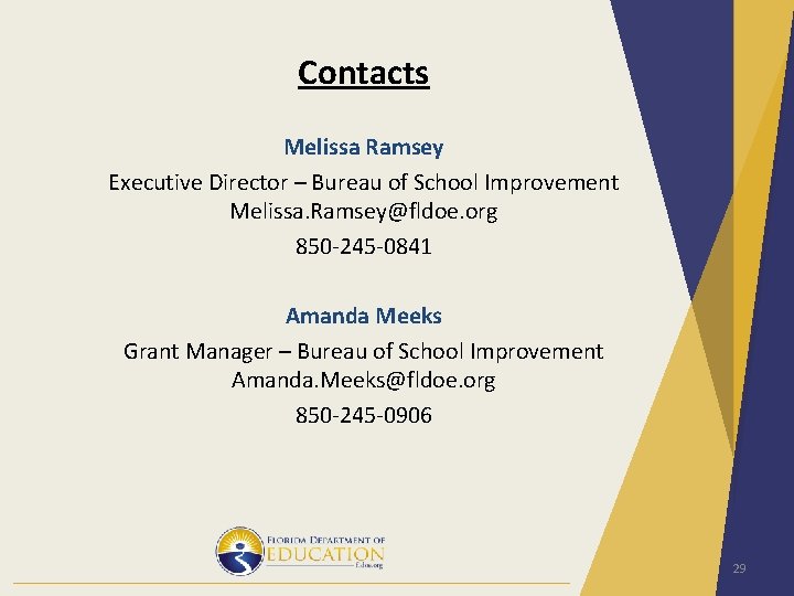 Contacts Melissa Ramsey Executive Director – Bureau of School Improvement Melissa. Ramsey@fldoe. org 850