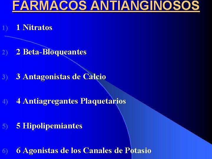 FARMACOS ANTIANGINOSOS 1) 1 Nitratos 2) 2 Beta-Bloqueantes 3) 3 Antagonistas de Calcio 4)
