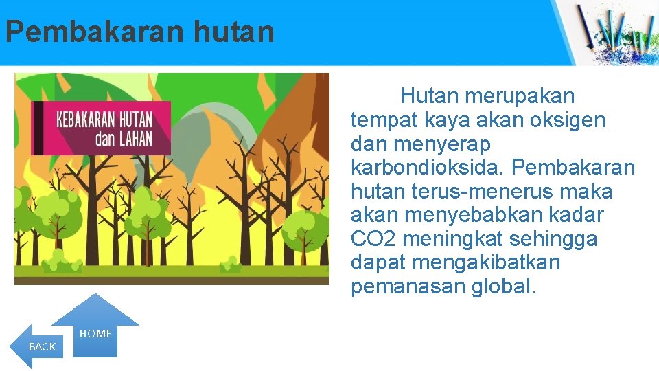 Pembakaran hutan Hutan merupakan tempat kaya akan oksigen dan menyerap karbondioksida. Pembakaran hutan terus-menerus