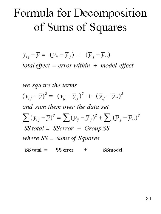 Formula for Decomposition of Sums of Squares SS total = SS error + SSmodel