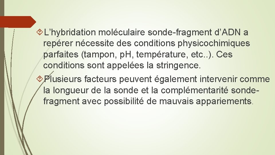  L’hybridation moléculaire sonde-fragment d’ADN a repérer nécessite des conditions physicochimiques parfaites (tampon, p.