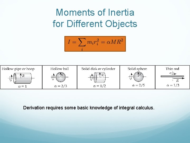 Moments of Inertia for Different Objects Derivation requires some basic knowledge of integral calculus.