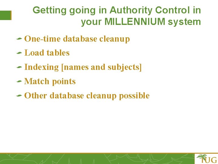 Getting going in Authority Control in your MILLENNIUM system One-time database cleanup Load tables