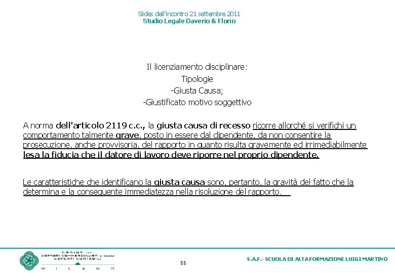 Slides dell’incontro 21 settembre 2011 Studio Legale Daverio & Florio Il licenziamento disciplinare: Tipologie