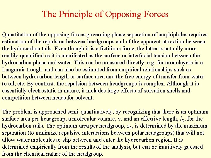 The Principle of Opposing Forces Quantitation of the opposing forces governing phase separation of