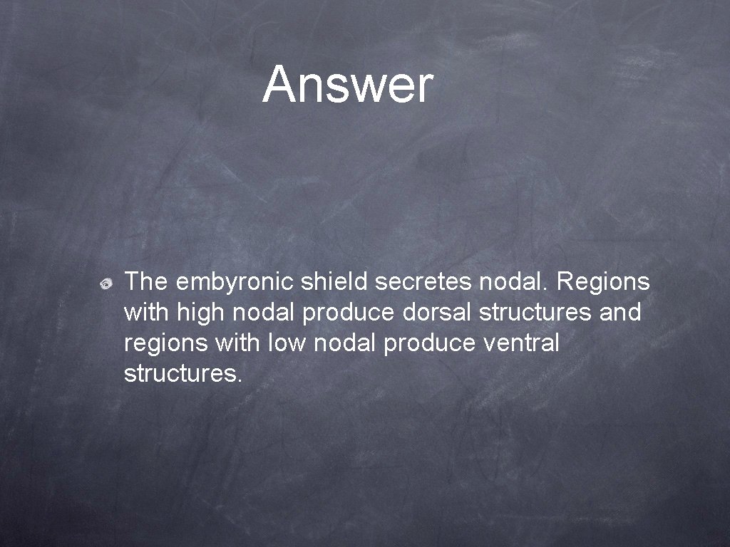 Answer The embyronic shield secretes nodal. Regions with high nodal produce dorsal structures and