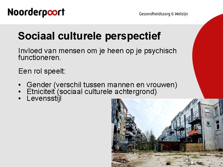 Sociaal culturele perspectief Invloed van mensen om je heen op je psychisch functioneren. Een