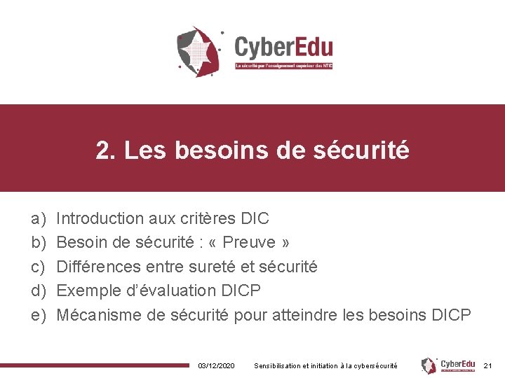 2. Les besoins de sécurité a) b) c) d) e) Introduction aux critères DIC