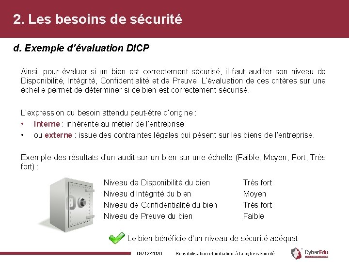 2. Les besoins de sécurité d. Exemple d’évaluation DICP Ainsi, pour évaluer si un