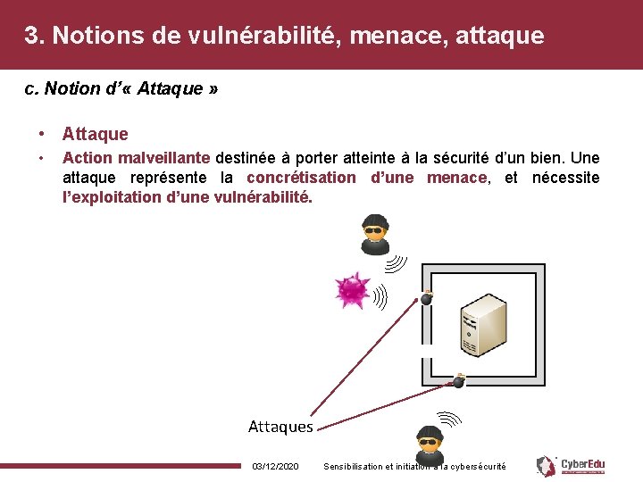 3. Notions de vulnérabilité, menace, attaque c. Notion d’ « Attaque » • Attaque