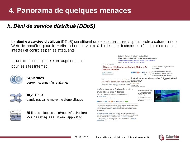 4. Panorama de quelques menaces h. Déni de service distribué (DDo. S) La déni