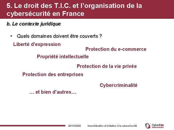 5. Le droit des T. I. C. et l’organisation de la cybersécurité en France