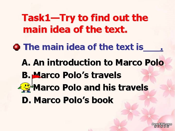 Task 1—Try to find out the main idea of the text. The main idea