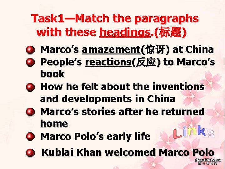 Task 1—Match the paragraphs with these headings. (标题) Marco’s amazement(惊讶) at China People’ People