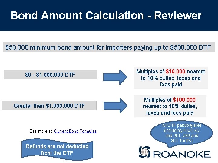 Bond Amount Calculation - Reviewer $50, 000 minimum bond amount for importers paying up