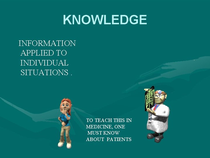 KNOWLEDGE INFORMATION APPLIED TO INDIVIDUAL SITUATIONS. TO TEACH THIS IN MEDICINE, ONE MUST KNOW