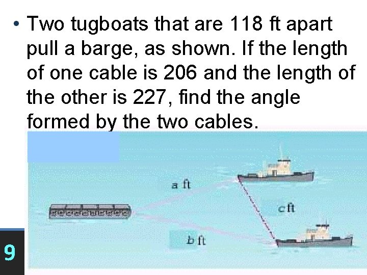  • Two tugboats that are 118 ft apart pull a barge, as shown.