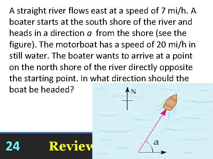 A straight river flows east at a speed of 7 mi/h. A boater starts