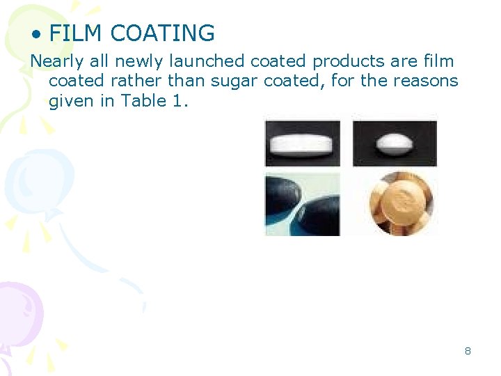  • FILM COATING Nearly all newly launched coated products are film coated rather