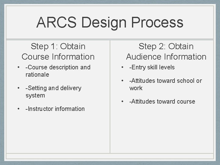 ARCS Design Process Step 1: Obtain Course Information • -Course description and rationale •