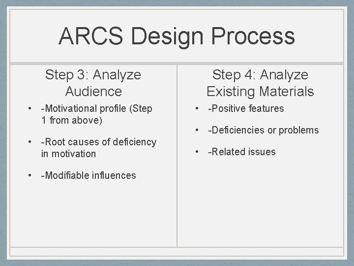 ARCS Design Process Step 3: Analyze Audience • -Motivational profile (Step 1 from above)
