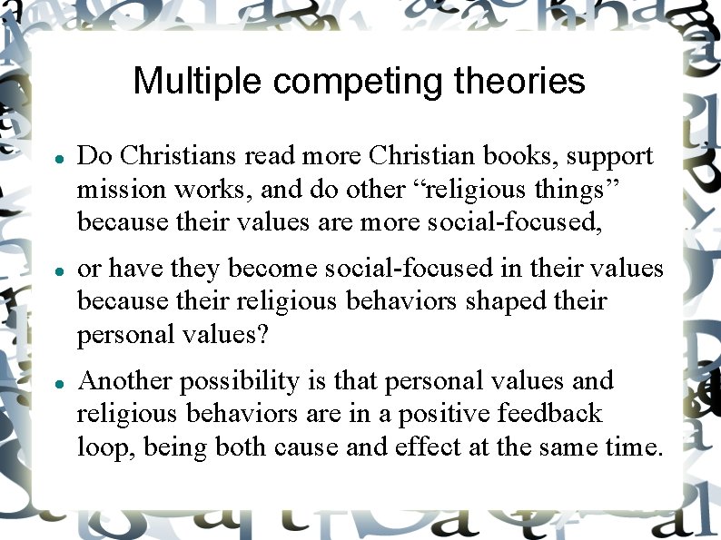 Multiple competing theories Do Christians read more Christian books, support mission works, and do