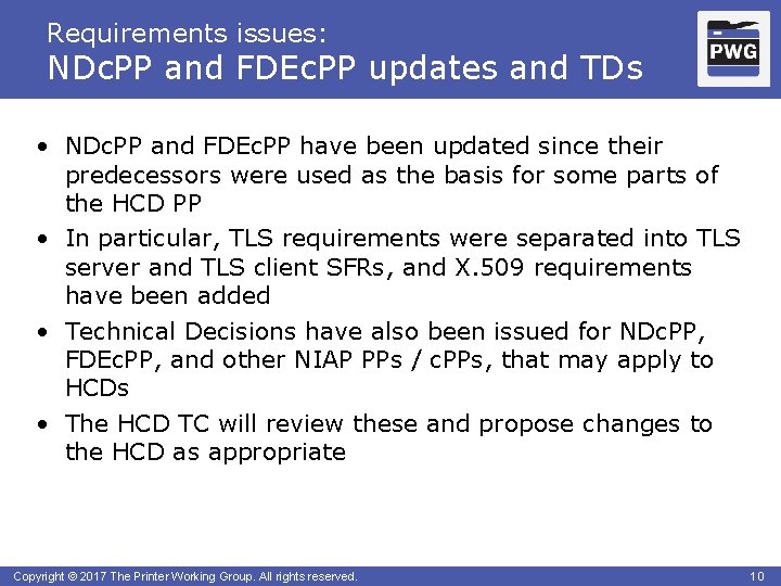 Requirements issues: NDc. PP and FDEc. PP updates and TDs • NDc. PP and