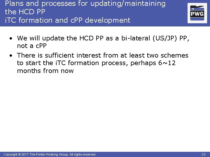 Plans and processes for updating/maintaining the HCD PP i. TC formation and c. PP