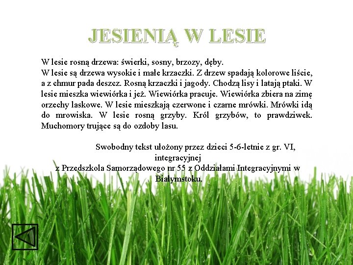 JESIENIĄ W LESIE W lesie rosną drzewa: świerki, sosny, brzozy, dęby. W lesie są