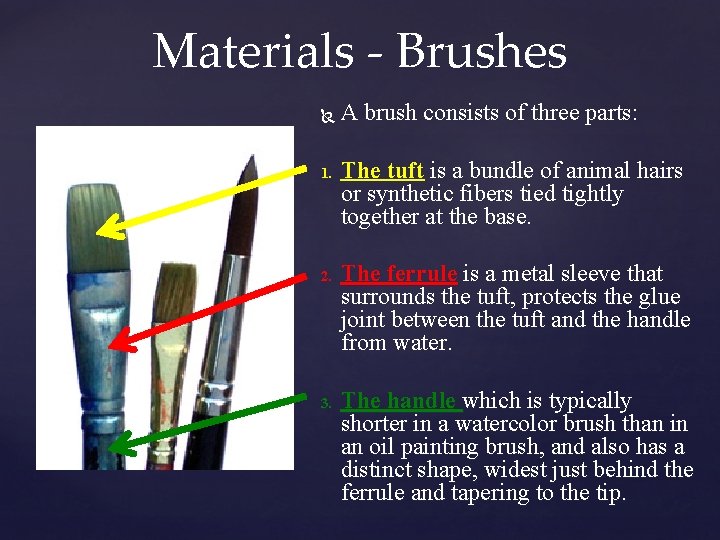 Materials - Brushes 1. 2. 3. A brush consists of three parts: The tuft