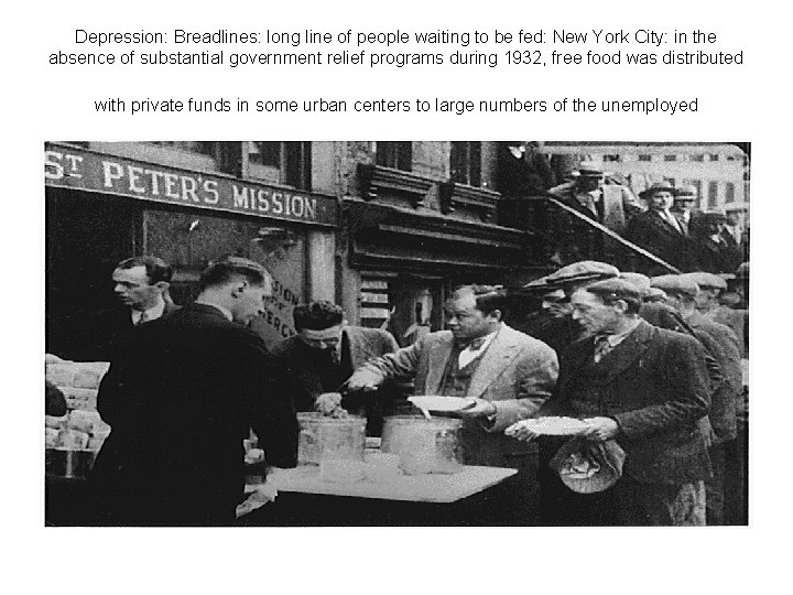 Depression: Breadlines: long line of people waiting to be fed: New York City: in