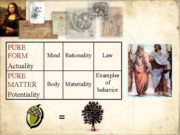 PURE FORM Actuality PURE MATTER Potentiality Mind Rationality Law Examples of Body Materiality behavior