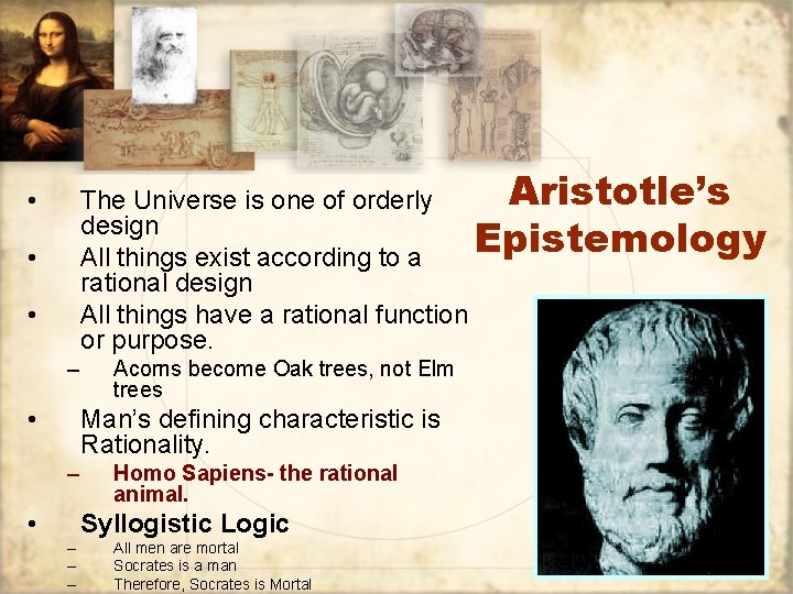 Aristotle’s The Universe is one of orderly design Epistemology All things exist according to
