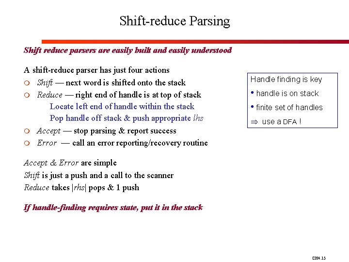 Shift-reduce Parsing Shift reduce parsers are easily built and easily understood A shift-reduce parser