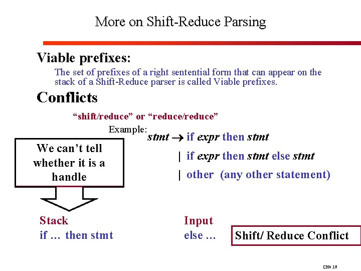 More on Shift-Reduce Parsing Viable prefixes: The set of prefixes of a right sentential